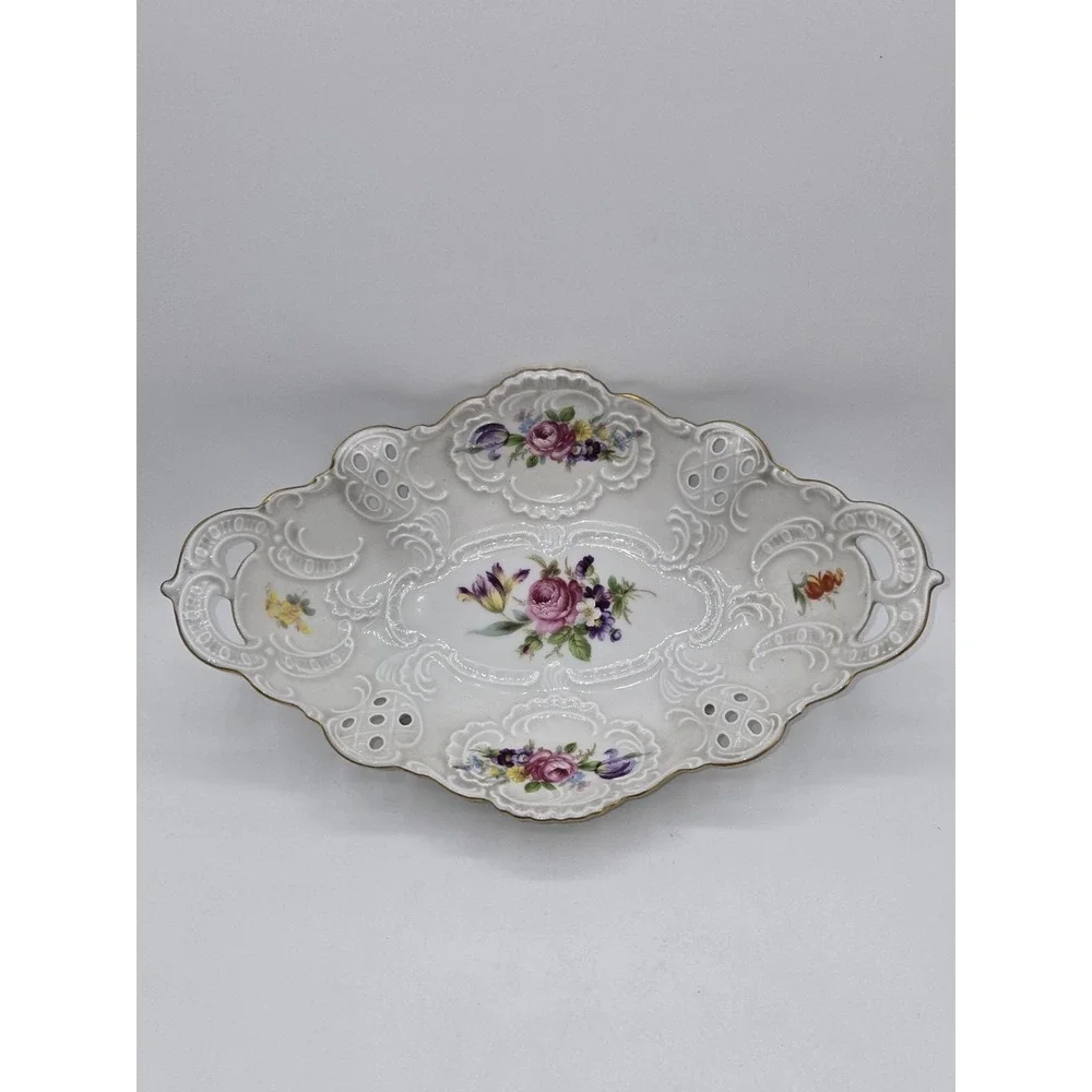 Dresden Porcelain Reticulated Floral Centerpiece Bowl Footed White Gold Western
